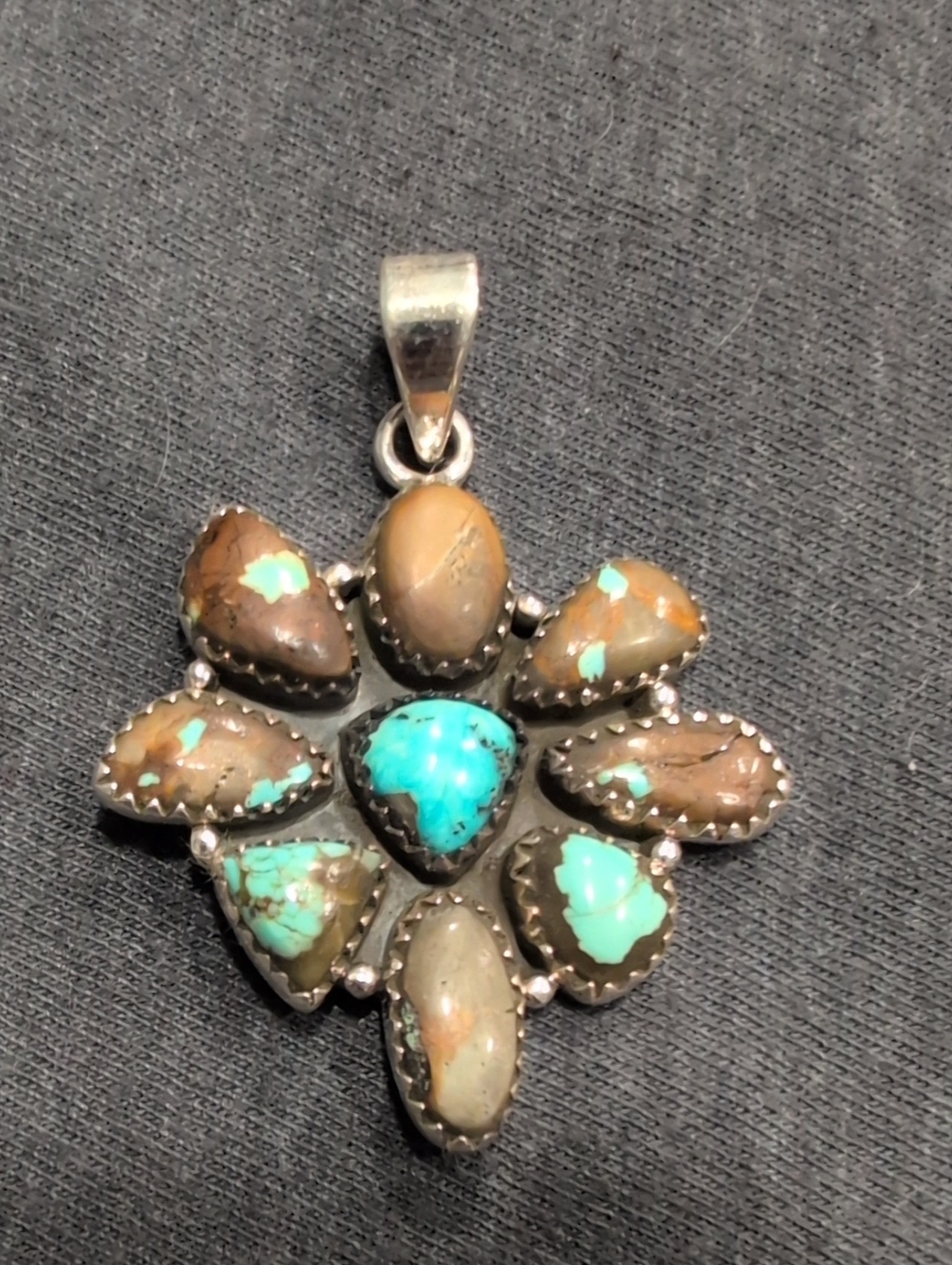Turquoise Cluster Silver Pendant Necklace - Teal Green Stones